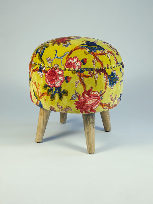 Cotton Velvet Upholstered Footstool- Jaipur Print