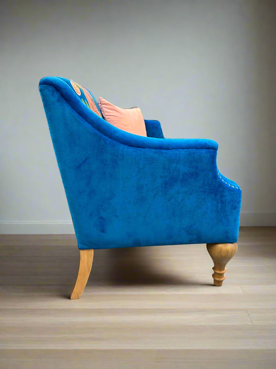 Blue Velvet Embroidered Love Sofa