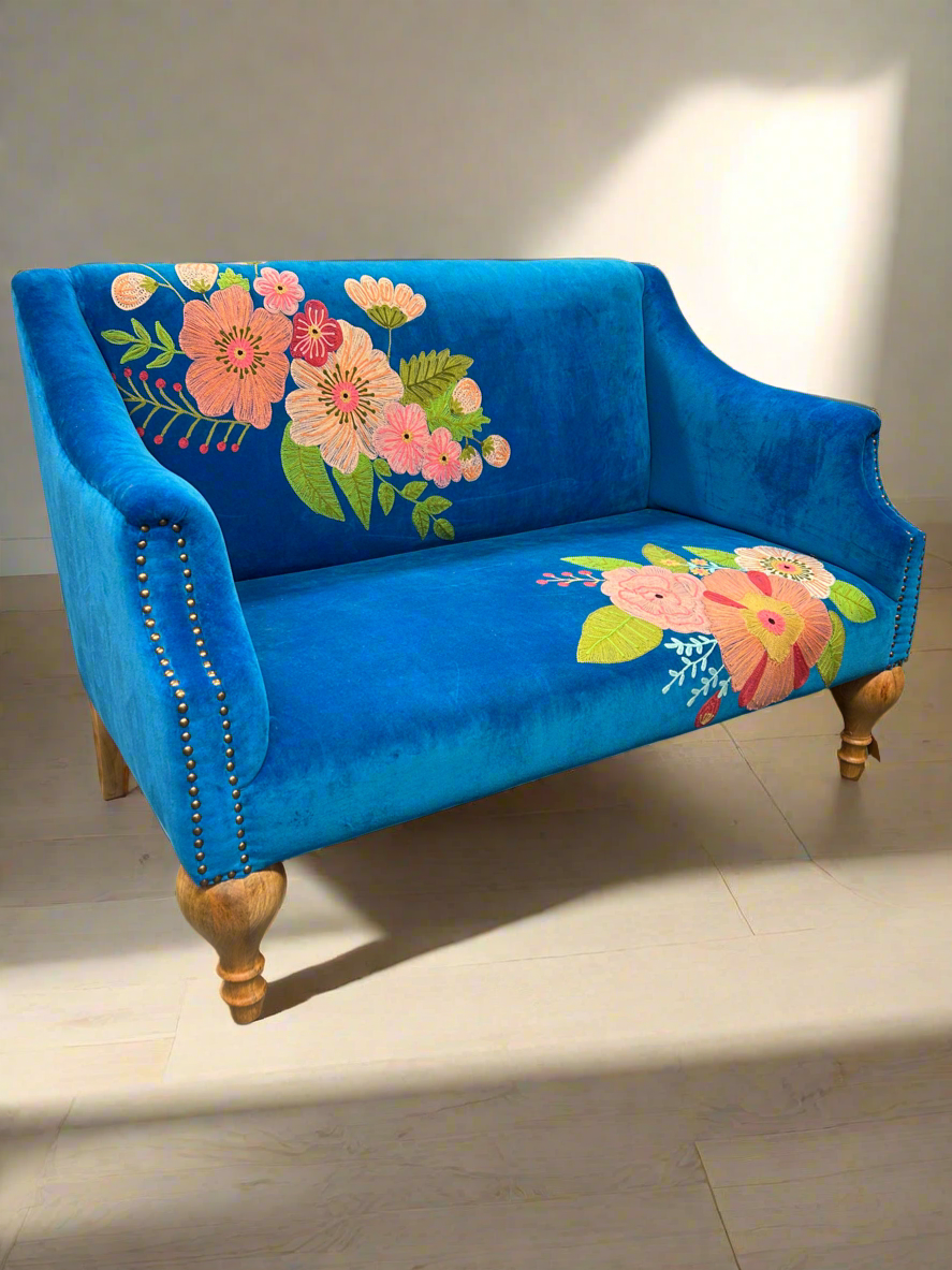 Blue Velvet Embroidered Love Sofa