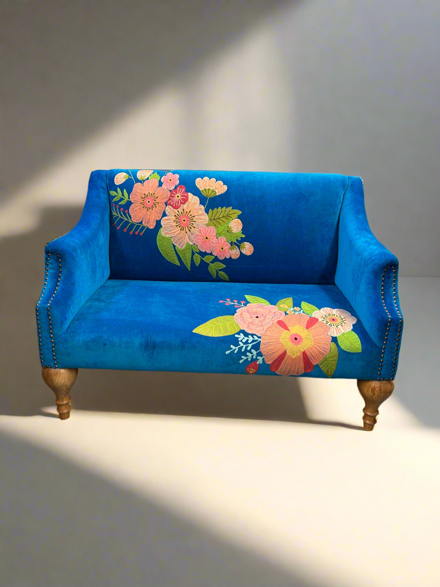 Blue Velvet Embroidered Love Sofa