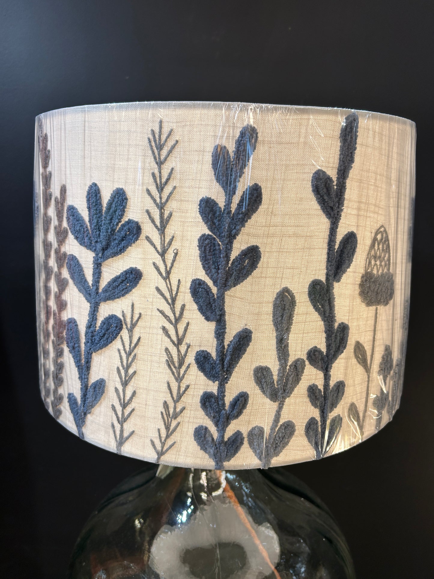 Recycled Blue glass Lamp with embroidered Lampshade