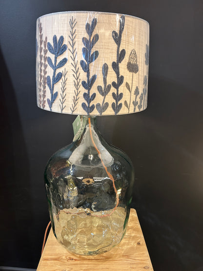 Recycled Blue glass Lamp with embroidered Lampshade