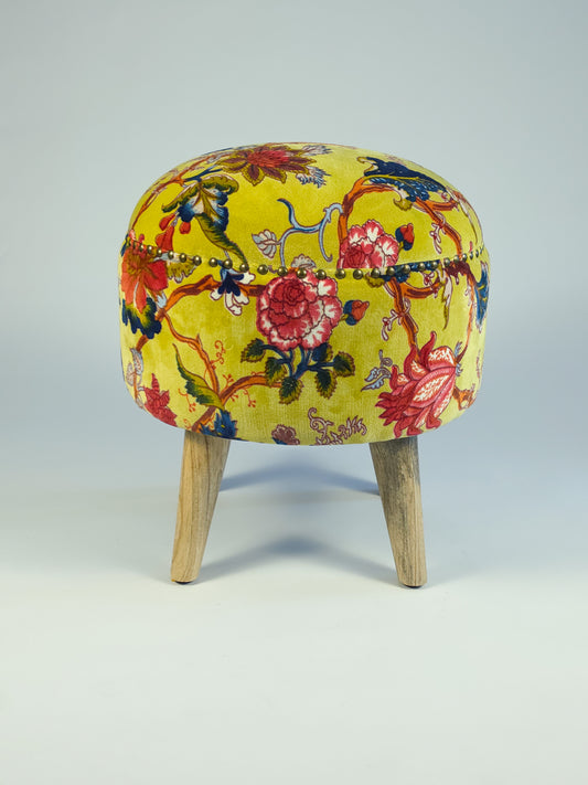 Cotton Velvet Upholstered Footstool- Jaipur Print