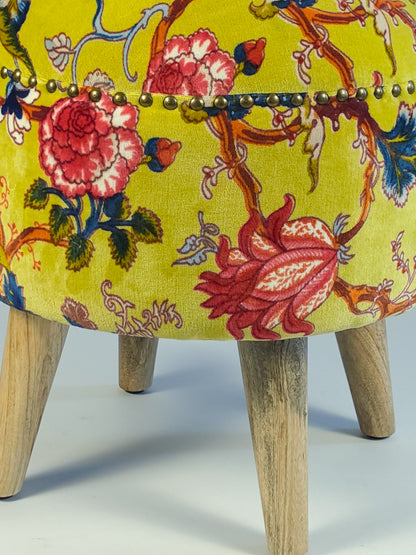 Cotton Velvet Upholstered Footstool- Jaipur Print