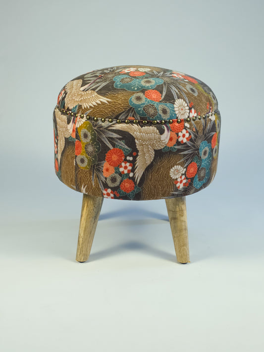 Cotton Velvet Upholstered Footstool - Jaipur Print