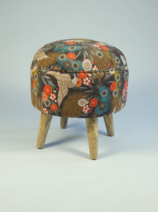 Cotton Velvet Upholstered Footstool - Jaipur Print