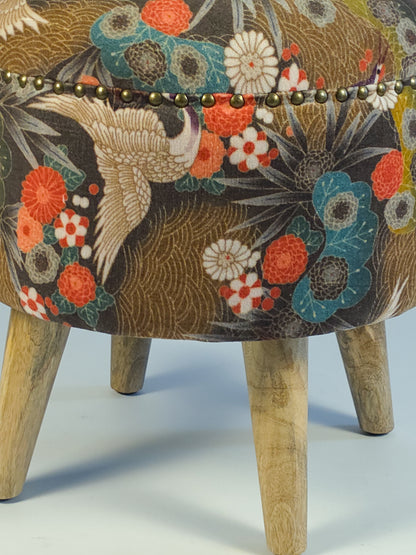 Cotton Velvet Upholstered Footstool - Jaipur Print