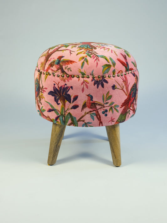Cotton Velvet Upholstered Footstool - Jaipur Print