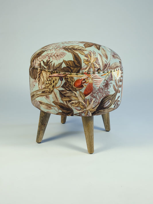 Cotton Velvet Upholstered Footstool - Jaipur Print