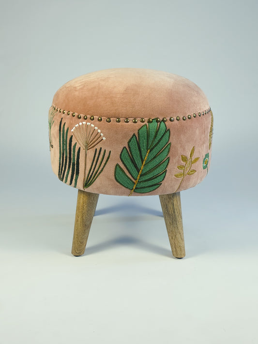 Cotton Velvet Upholstered Footstool - Jaipur Print