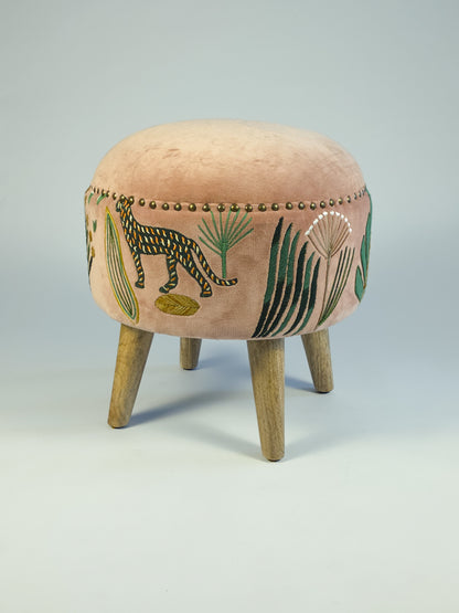 Cotton Velvet Upholstered Footstool - Jaipur Print