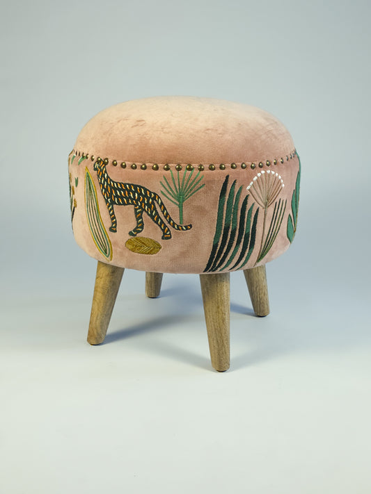Cotton Velvet Upholstered Footstool - Jaipur Print
