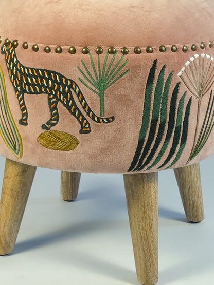 Cotton Velvet Upholstered Footstool - Jaipur Print